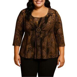Nicola Woman Top Size 1X Brown Black Abstract Pattern Buckle Detail 3/4 Sleeves
